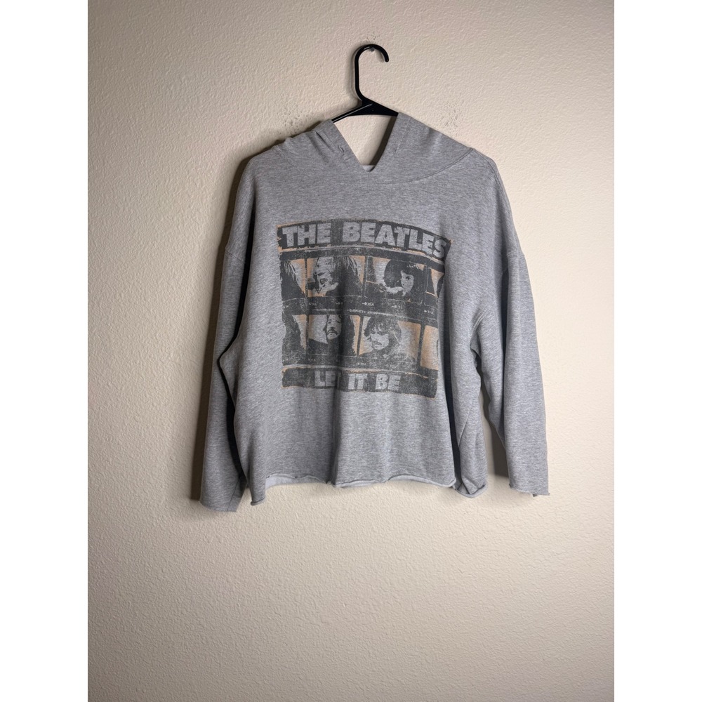 The Beatles Let It Be Crop Hoodie Womens Gray Raw Hem Band Graphic Pullover XXL